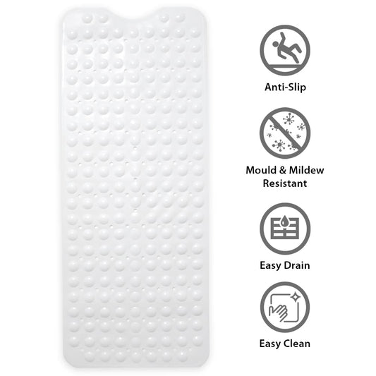 ANSIO Bath Mat Non Slip Anti Mould 100 x 40 cm – Long PVC Shower Mat with Suction Cups & Drain Holes, Machine Washable Bathtub Mat, White