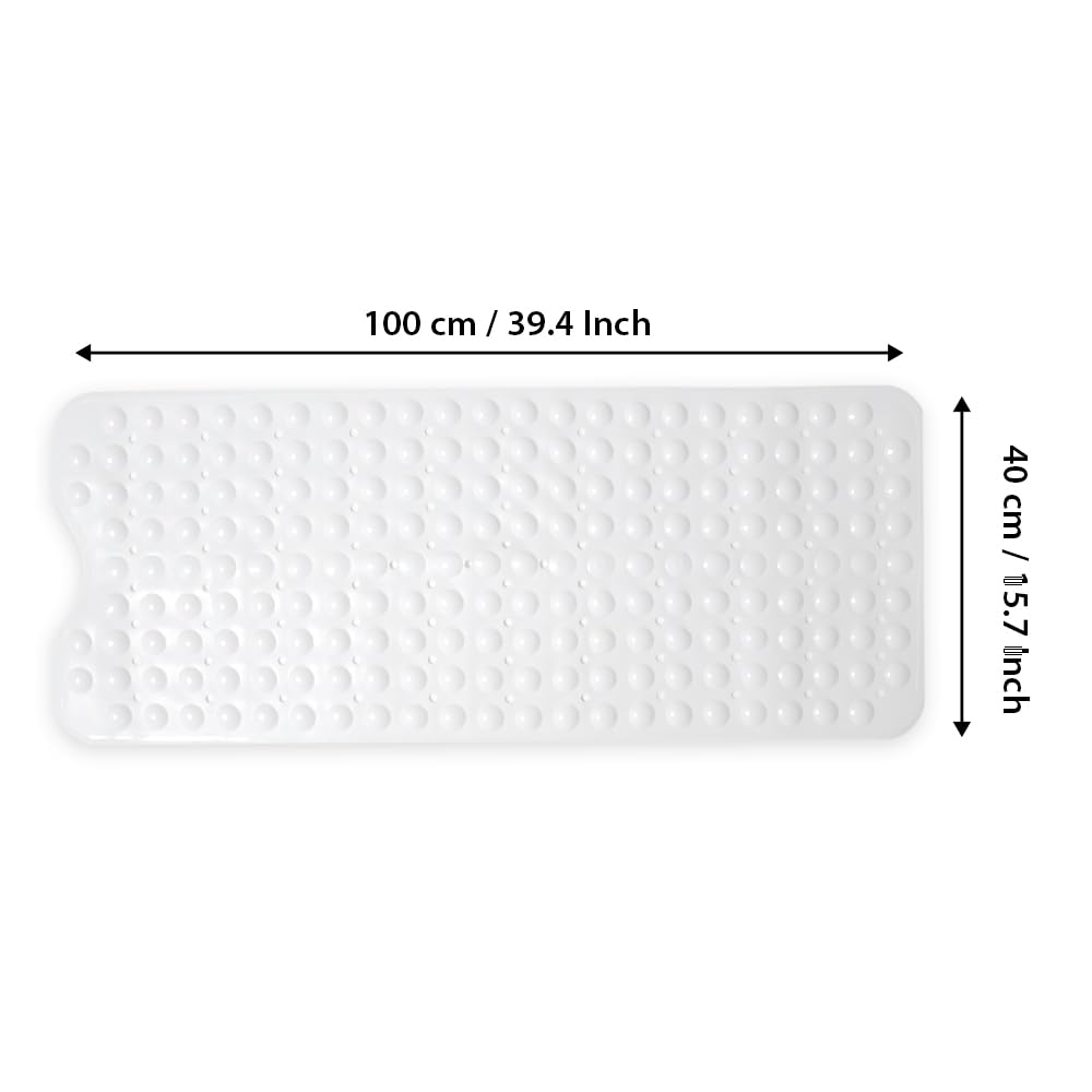 ANSIO Bath Mat Non Slip Anti Mould 100 x 40 cm – Long PVC Shower Mat with Suction Cups & Drain Holes, Machine Washable Bathtub Mat, White