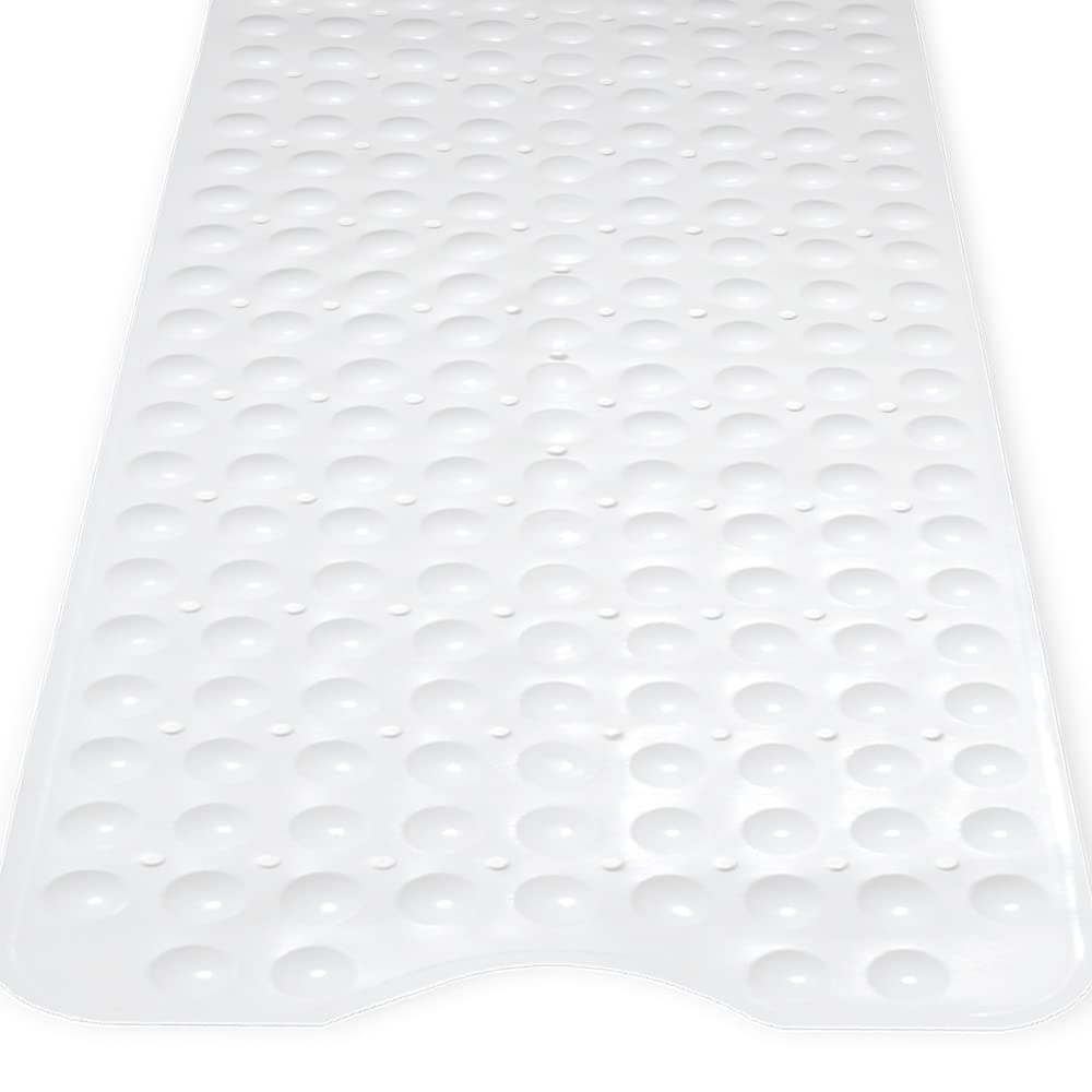 ANSIO Bath Mat Non Slip Anti Mould 100 x 40 cm – Long PVC Shower Mat with Suction Cups & Drain Holes, Machine Washable Bathtub Mat, White