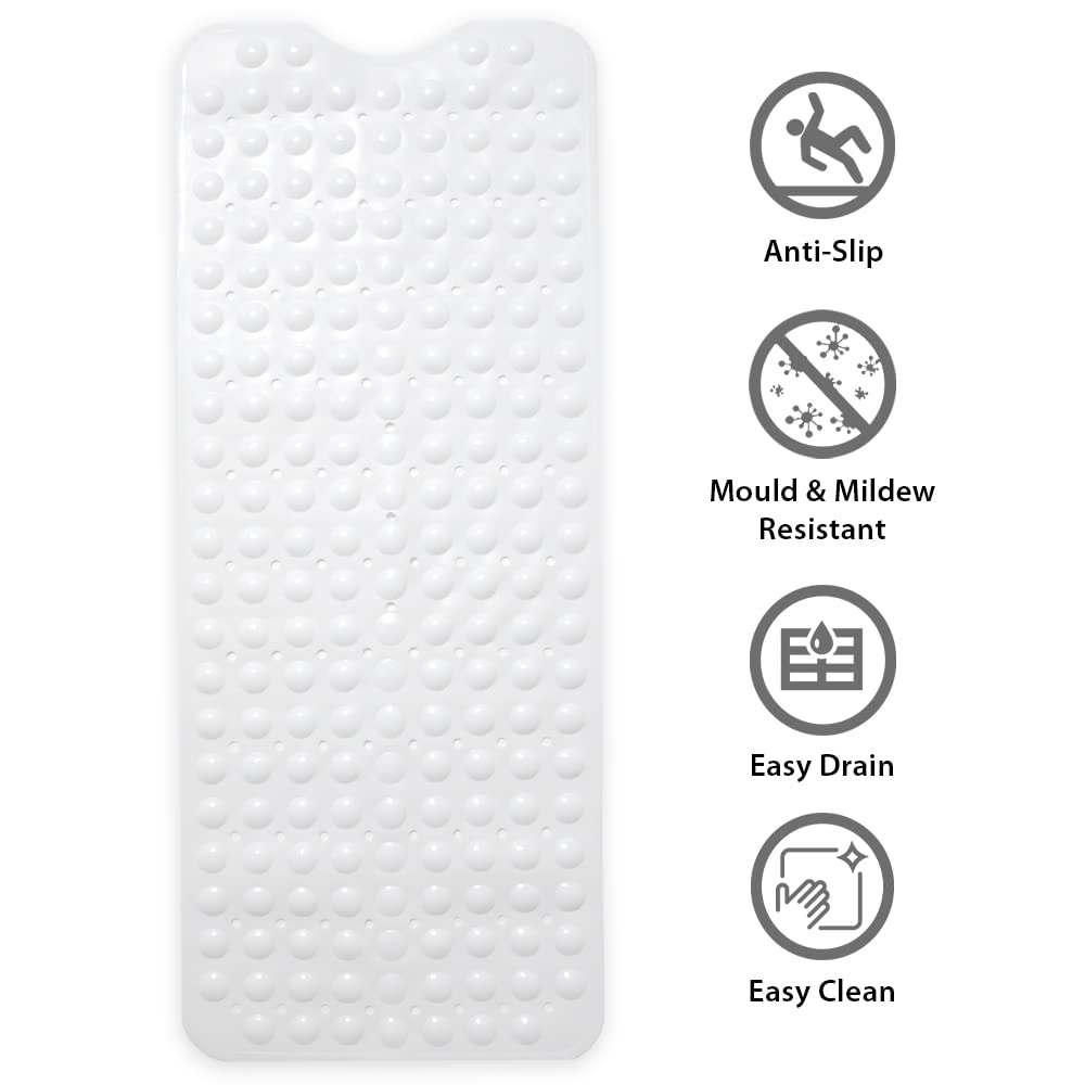 ANSIO Bath Mat Non Slip Anti Mould 100 x 40 cm – Long PVC Shower Mat with Suction Cups & Drain Holes, Machine Washable Bathtub Mat, White