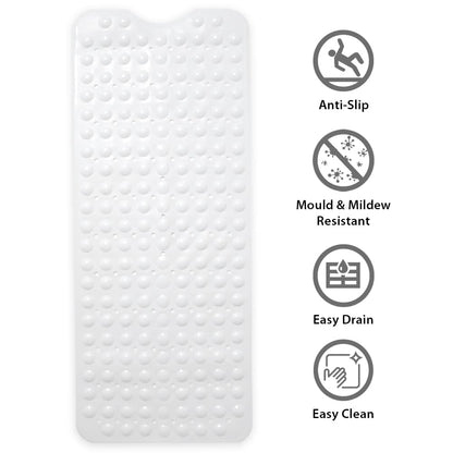 ANSIO Bath Mat Non Slip Anti Mould 100 x 40 cm – Long PVC Shower Mat with Suction Cups & Drain Holes, Machine Washable Bathtub Mat, White