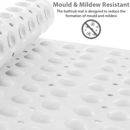 ANSIO Bath Mat Non Slip Anti Mould 100 x 40 cm – Long PVC Shower Mat with Suction Cups & Drain Holes, Machine Washable Bathtub Mat, White