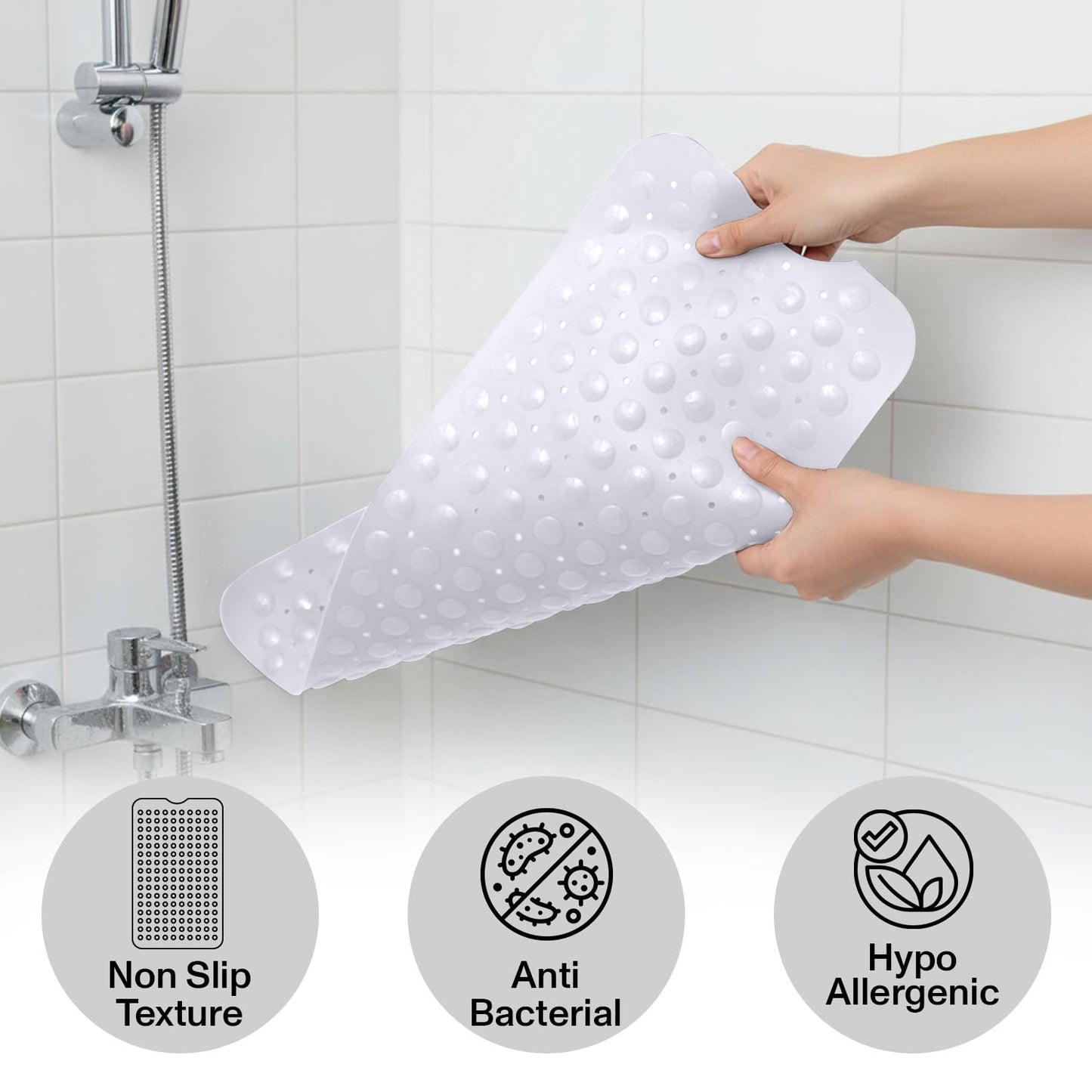 MOONLIGHT20015 Shower Bath Mat Non Slip Anti Mould & Mildew with Strong Suction Cups Grip and Drain Holes Soft Rubber Shower Mats - PVC Bathroom Mat Machine Washable (70x38cm, White)