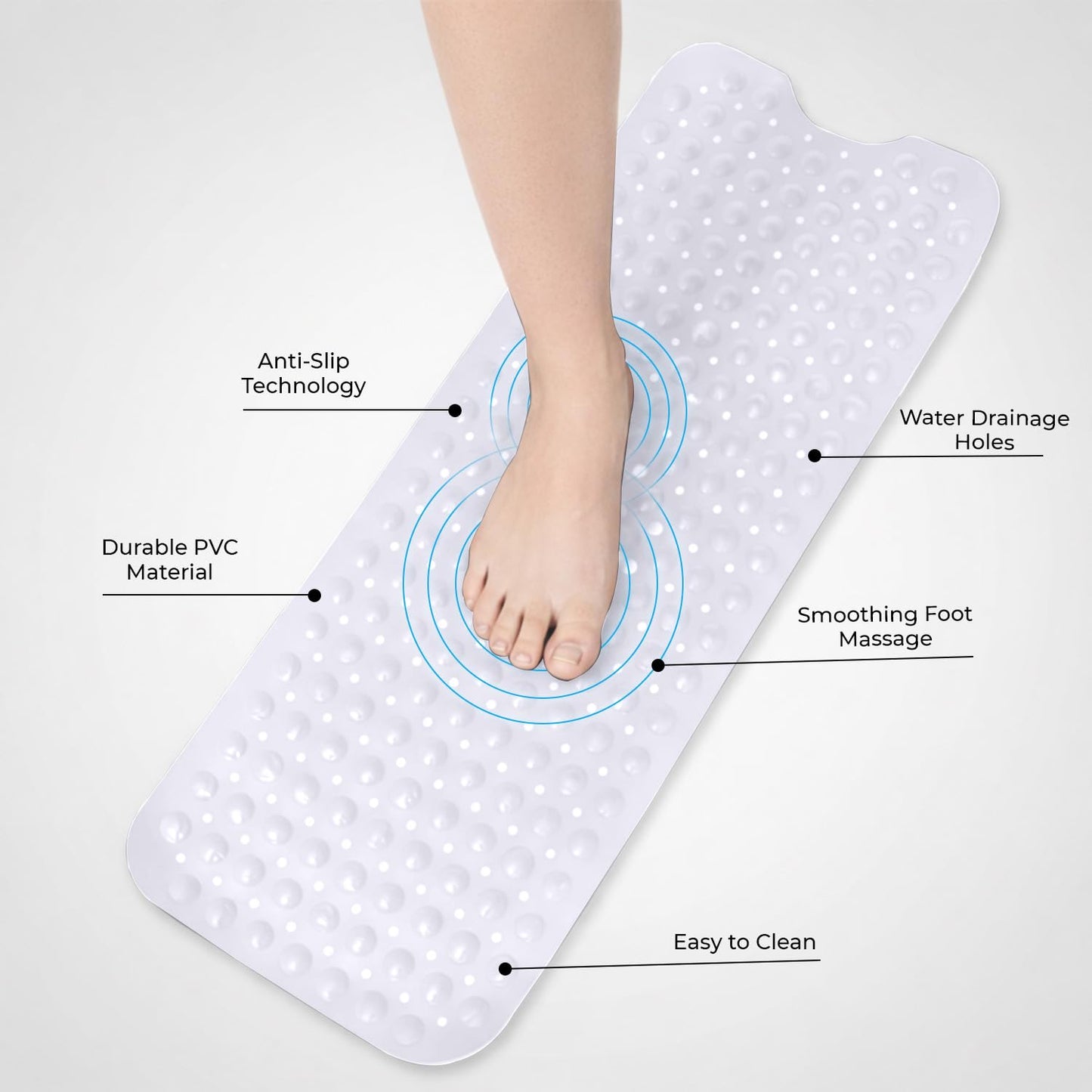 MOONLIGHT20015 Shower Bath Mat Non Slip Anti Mould & Mildew with Strong Suction Cups Grip and Drain Holes Soft Rubber Shower Mats - PVC Bathroom Mat Machine Washable (70x38cm, White)