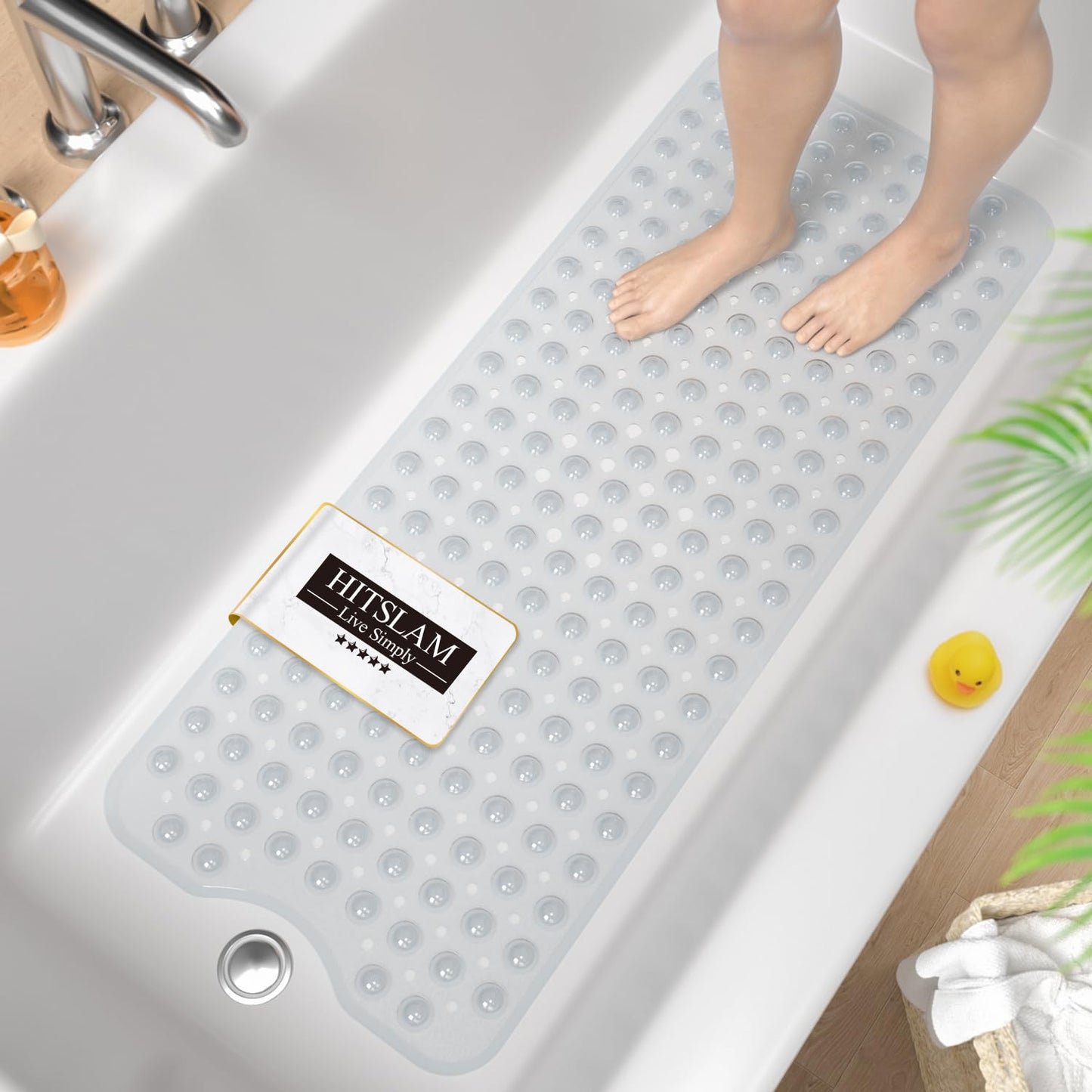 HITSLAM Non Slip Bath Mat for Tub, 101 x 40cm Extra Long Shower Mat Anti Mould, Machine Washable Bathroom Bathtub Mat with Suction Cups and Drain Holes, Soft on Feet, Clear