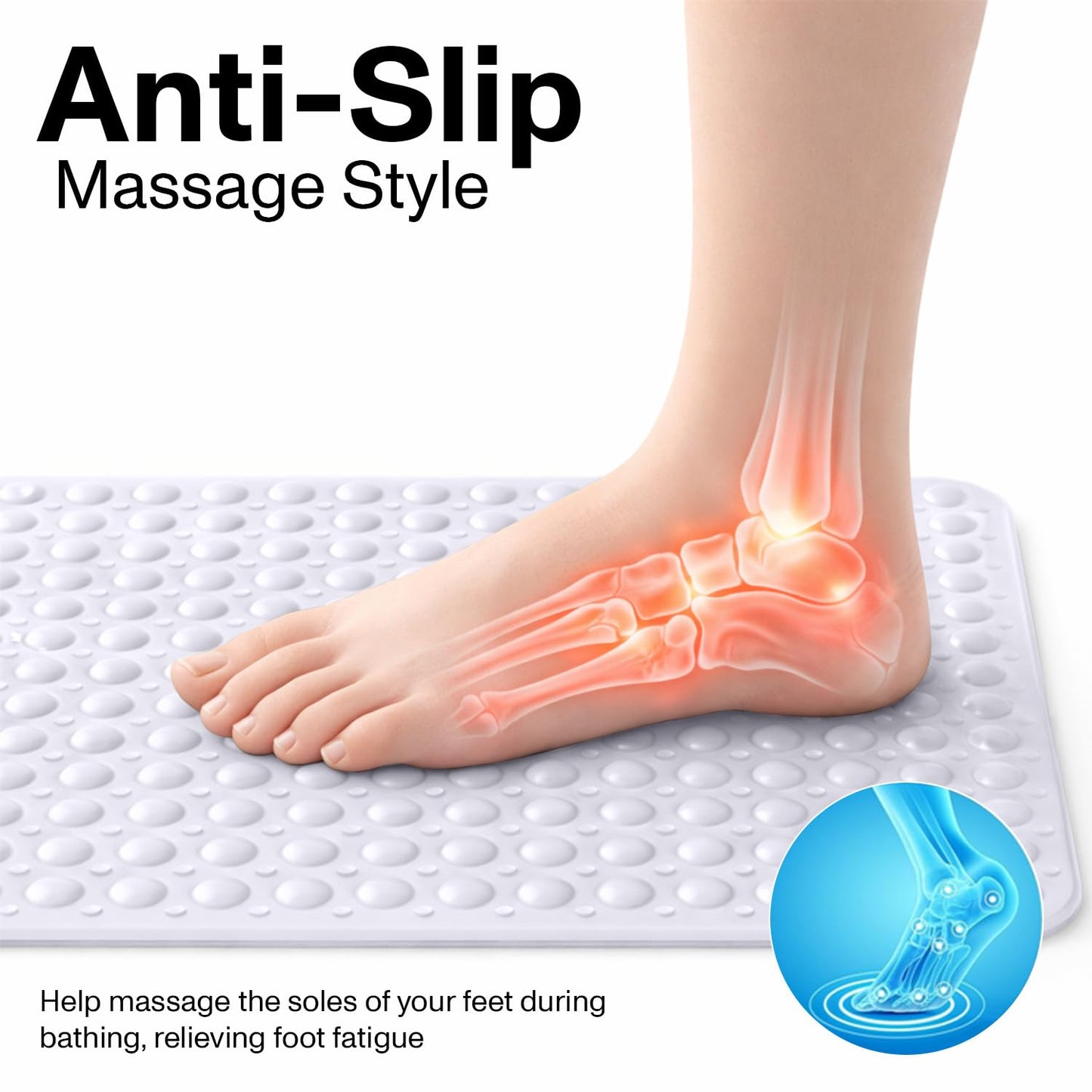 MOONLIGHT20015 Shower Bath Mat Non Slip Anti Mould & Mildew with Strong Suction Cups Grip and Drain Holes Soft Rubber Shower Mats - PVC Bathroom Mat Machine Washable (70x38cm, White)