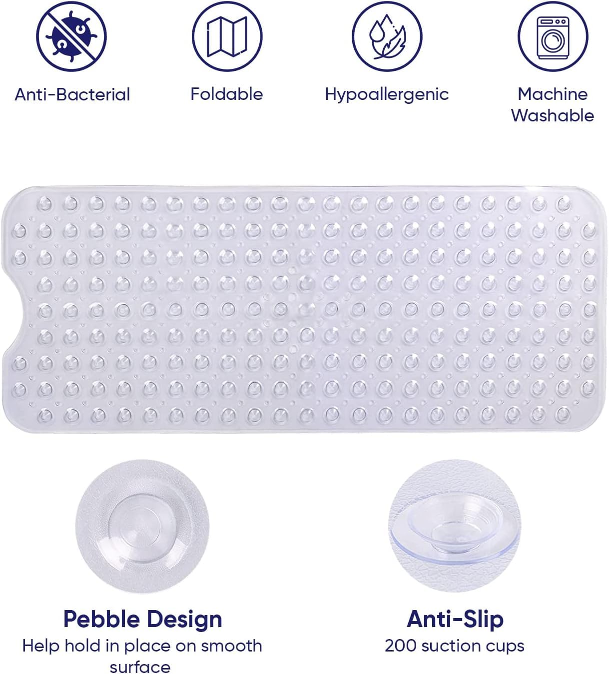 Oxford Homeware Shower Bath Mat Non Slip Anti Mould - Clear 70x38 cm Shower Mat for Bathtub and Bathroom with Drain Holes and Strong Suction Cups Machine Washable Bath Mats