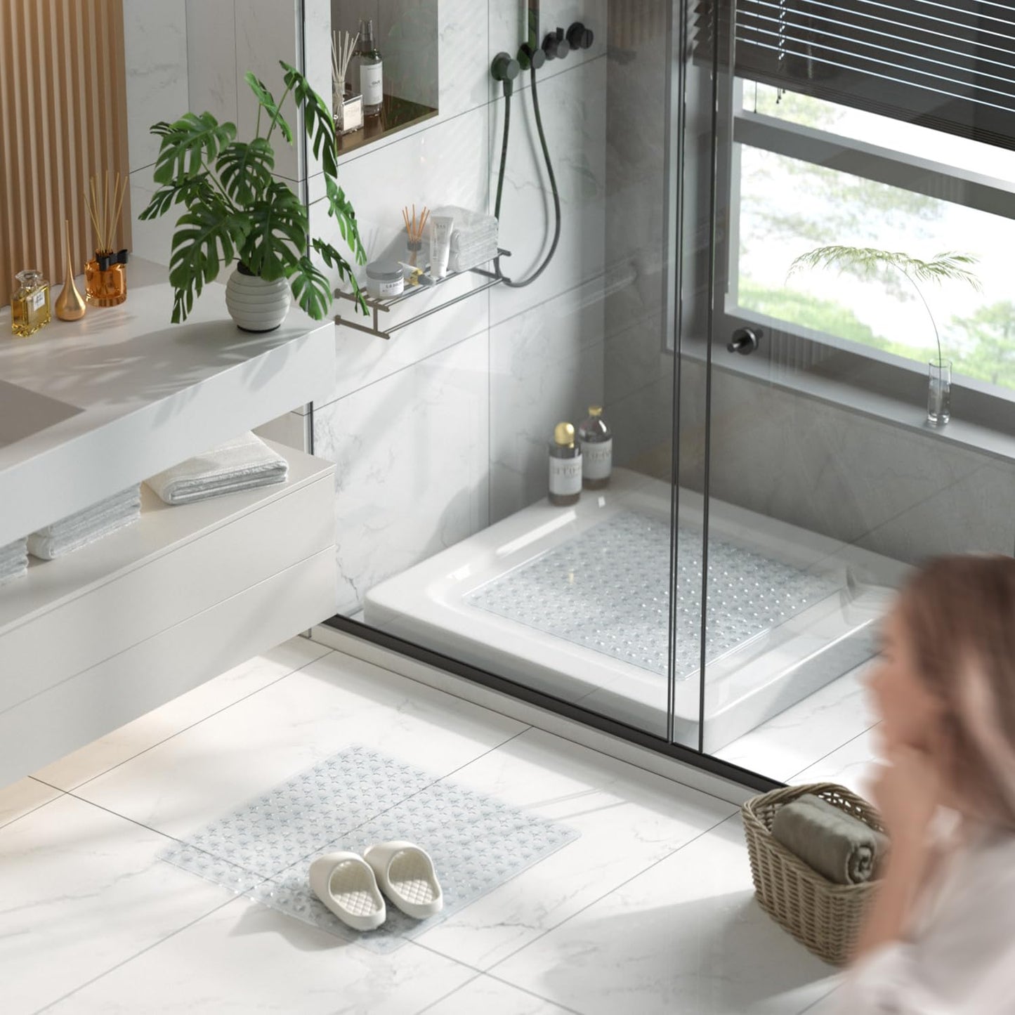 HITSLAM Shower Mat Non Slip Anti Mould, Bath Mat Anti Slip With Suction Cups and Drain Holes, Square Shower Mat for Inside Shower 53 x 53cm, Machine Washable Bath Mat for Tub, Clear