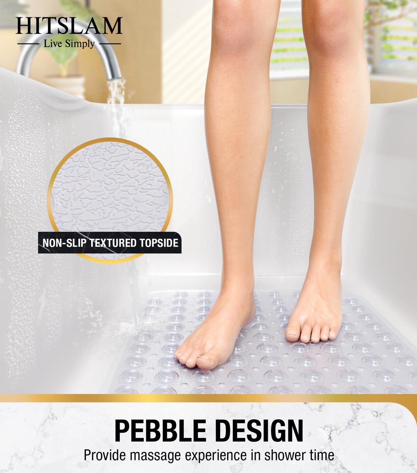 HITSLAM Non Slip Bath Mat for Tub, 101 x 40cm Extra Long Shower Mat Anti Mould, Machine Washable Bathroom Bathtub Mat with Suction Cups and Drain Holes, Soft on Feet, Clear