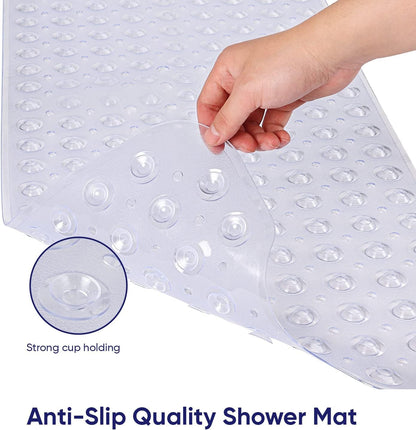 Oxford Homeware Shower Bath Mat Non Slip Anti Mould - Clear 70x38 cm Shower Mat for Bathtub and Bathroom with Drain Holes and Strong Suction Cups Machine Washable Bath Mats