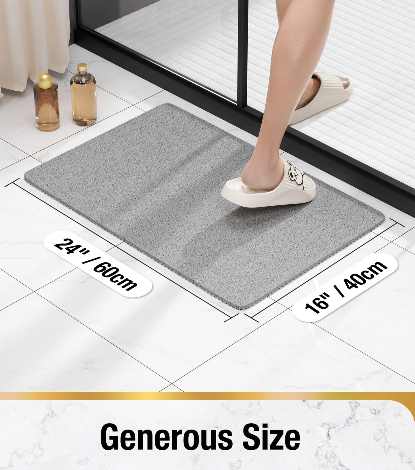 HITSLAM Shower mat Non Slip, 60 x 40 CM Non Slip Bath Mat with Drain, Soft PVC Loofah Shower Bath Mat for Tub, Quick Drying Shower Mat for Bathroom, Grey