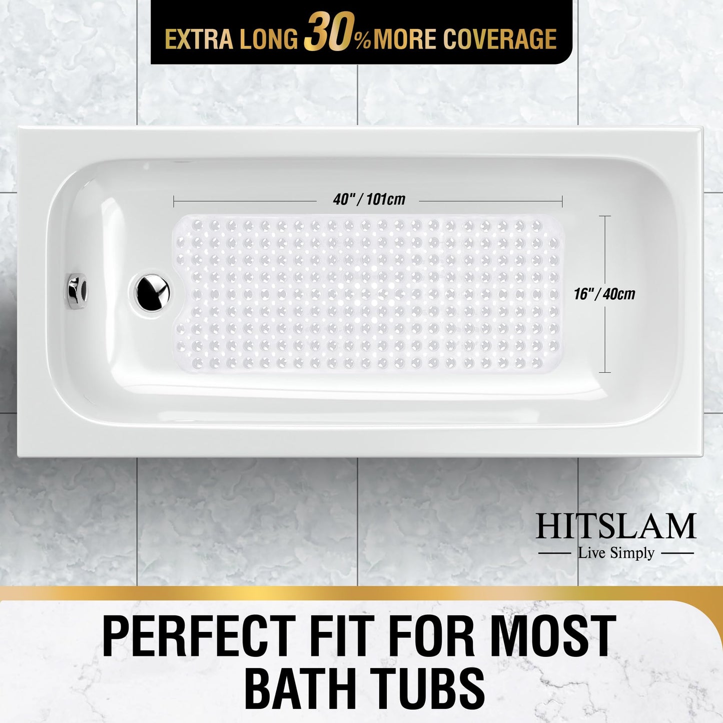 HITSLAM Non Slip Bath Mat for Tub, 101 x 40cm Extra Long Shower Mat Anti Mould, Machine Washable Bathroom Bathtub Mat with Suction Cups and Drain Holes, Soft on Feet, Clear