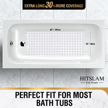 HITSLAM Non Slip Bath Mat for Tub, 101 x 40cm Extra Long Shower Mat Anti Mould, Machine Washable Bathroom Bathtub Mat with Suction Cups and Drain Holes, Soft on Feet, Clear