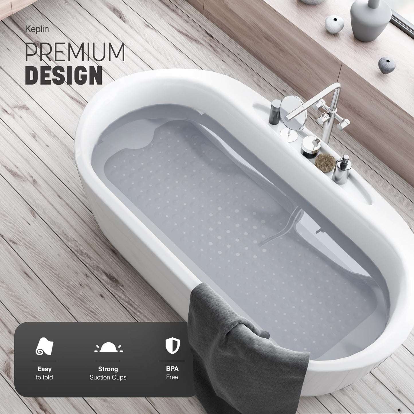 KEPLIN Premium Non-Slip Bath Mat - 200 Suction Cups, BPA, Latex Free, Mildew Resistant, Machine Washable - Safe, Durable & Comfortable for Shower Runner & Bathroom Tubs Extra Long (40x100cm) - Clear