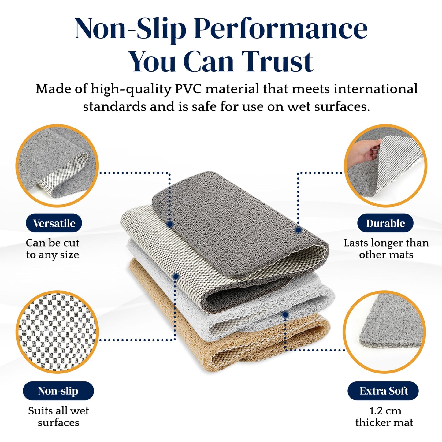 Dikots Soft Shower Bath Mat - Non Slip, Anti Mould 60 x 40 cm - Grey Loofah Style PVC Mat for Inside Shower - Washable, Quick Drying, Suitable for Wet Surfaces
