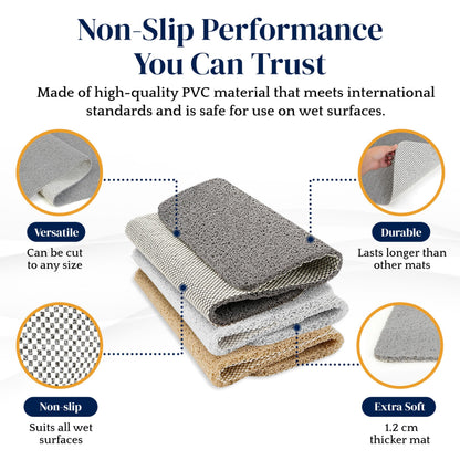 Dikots Soft Shower Bath Mat - Non Slip, Anti Mould 60 x 40 cm - Grey Loofah Style PVC Mat for Inside Shower - Washable, Quick Drying, Suitable for Wet Surfaces