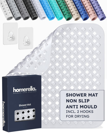 homerella® Shower Mat Non Slip Anti Mould 53 x 53 cm, INCL. Hooks for Drying, Bath Mat Non Slip Anti Mould, Shower Mats for Inside Shower, BPA-Free and Machine Washable for Children and Elderly