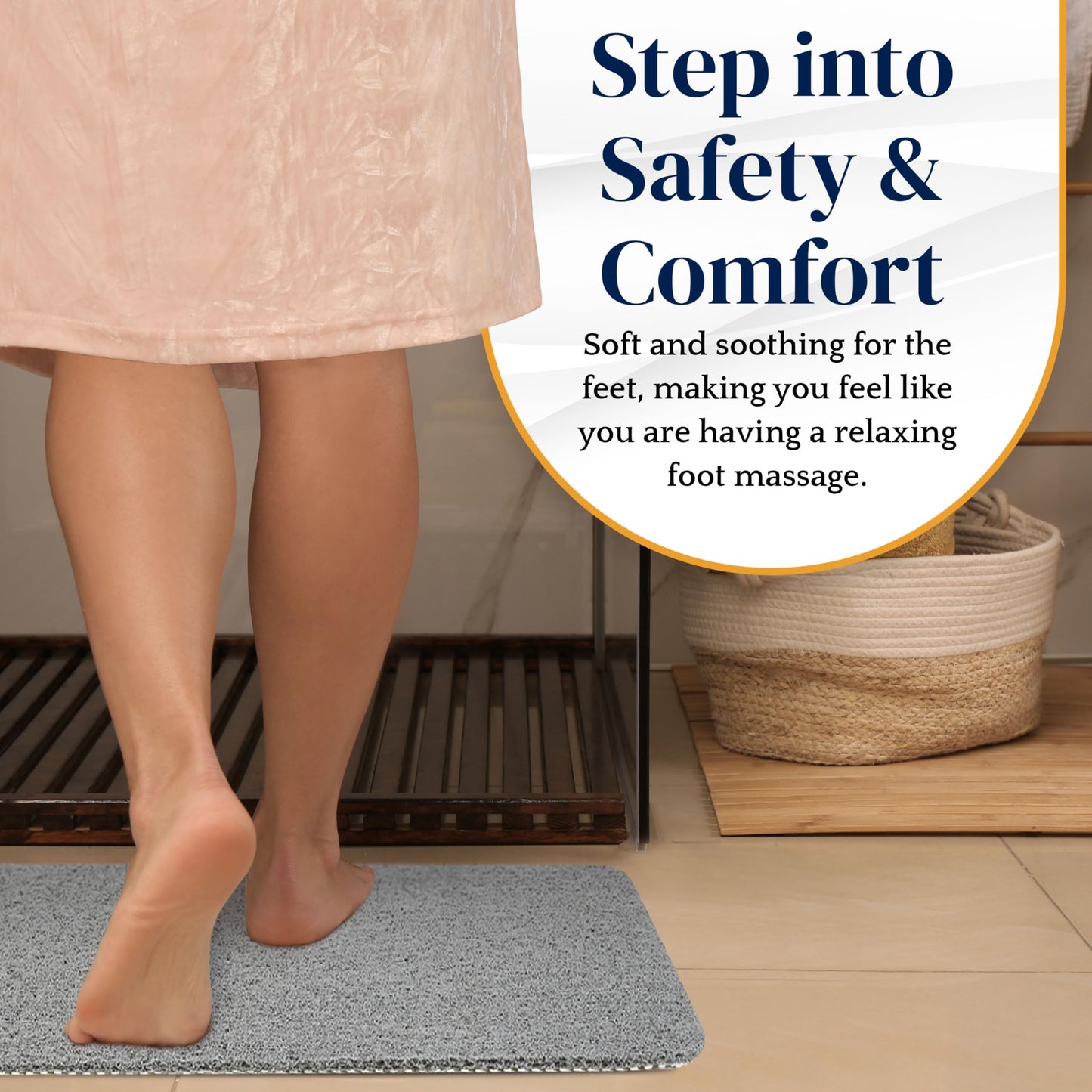 Dikots Soft Shower Bath Mat - Non Slip, Anti Mould 60 x 40 cm - Grey Loofah Style PVC Mat for Inside Shower - Washable, Quick Drying, Suitable for Wet Surfaces