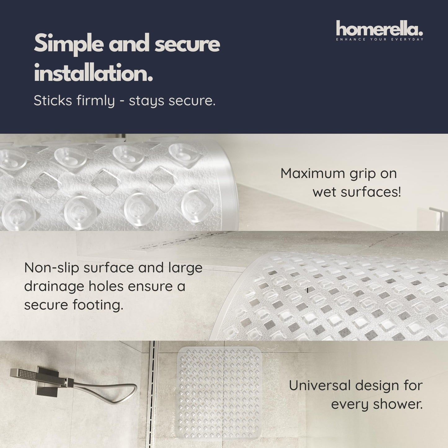 homerella® Shower Mat Non Slip Anti Mould 53 x 53 cm, INCL. Hooks for Drying, Bath Mat Non Slip Anti Mould, Shower Mats for Inside Shower, BPA-Free and Machine Washable for Children and Elderly