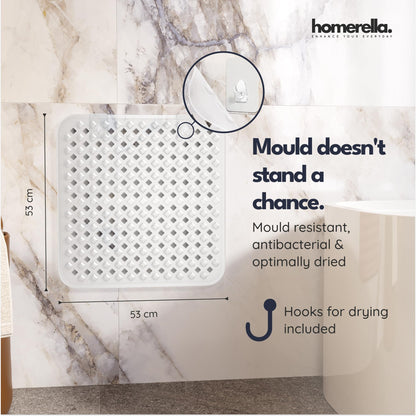 homerella® Shower Mat Non Slip Anti Mould 53 x 53 cm, INCL. Hooks for Drying, Bath Mat Non Slip Anti Mould, Shower Mats for Inside Shower, BPA-Free and Machine Washable for Children and Elderly